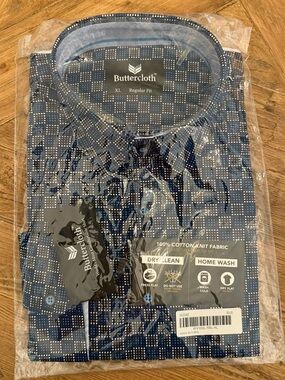 Buttercloth Mosaic Blue Long Sleeve Button Shirt Mens XL NIP 100% Cotton Knit